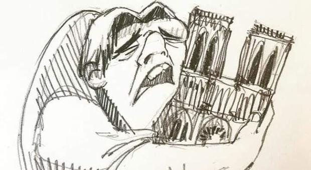 Notre-Dame in fiamme, la vignetta con Quasimodo dell'artista Cristina Correa Freile simbolo del dolore
