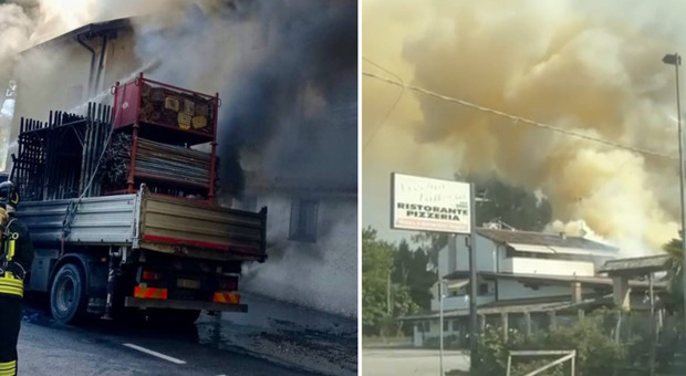 Camion in fiamme incendia anche il tetto del ristorante La Vecchia Fattoria: intossicati un pompiere e un familiare del titolare