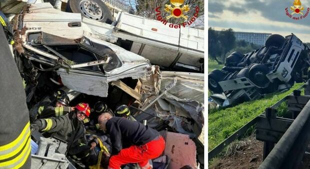 Pauroso incidente: sbanda e il tir si ribalta. Camionista salvato dai vigili del fuoco
