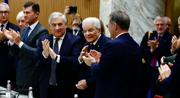 Il Presidente della Repubblica Sergio Mattarella e il ministro degli Esteri Antonio Tajani durante la Confamb 2025, presso la Farnesina, Roma, 15 dicembre 2025, ANSA/VINCENZO LIVIERI