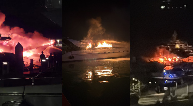  Yacht in fiamme al Marina d'Arechi: fiamme e alta colonna di fumo 