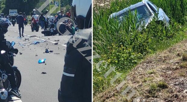 Incidente tra due moto e un'auto: feriti i centauri sbalzati delle selle, portati all'ospedale in elicottero. La vettura finisce nel fossato