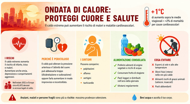 immagine Caldo estremo, aumentano ictus e infarti: sintomi (nascosti) e cibi a rischio. Il cardiologo: «Ecco cosa mangiare»