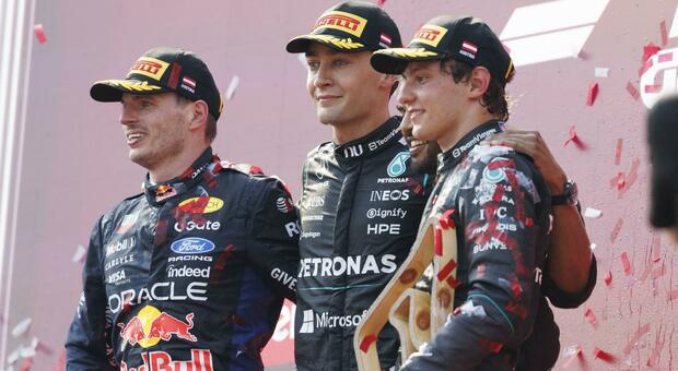 Russell con Verstappen e Antonelli, il podio del GP d'Austria