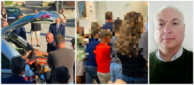 Dolore al funerale del papà eroe: accanto alla bara i gemellini che ha salvato