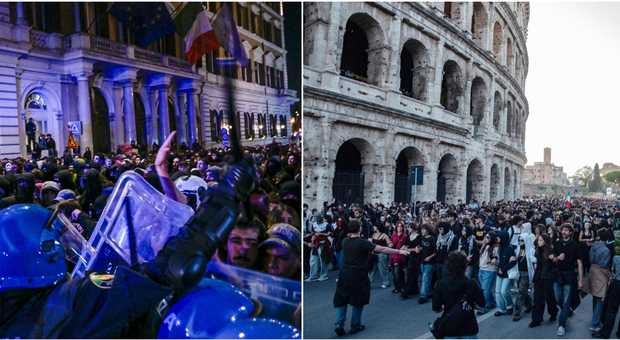 Cortei Roma, scontri in pieno Centro: idranti e lanci di bottiglie. Il blitz dentro al Colosseo