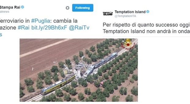 Scontro treni in Puglia, cambiano i palinsesti Rai e Mediaset. Questa sera niente Temptation Island