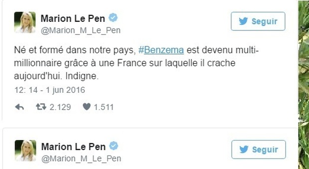 Marion Le Pen a Benzema: "Sputi sulla Francia, torna in Algeria"