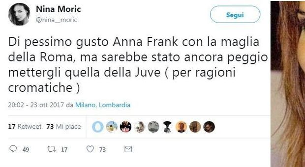 Nina Moric: "Anna Frank? Peggio con la maglia della Juve". Piovono gli insulti social