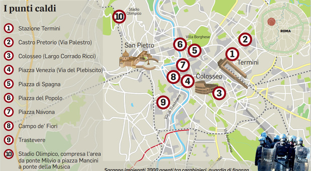 Roma-Feyenoord, città blindata: setacciati alberghi e b&b. Ecco la mappa dei punti caldi