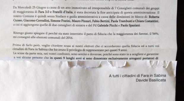 Rieti, elezioni a Fara Sabina, Davide Basilicata scrive agli elettori per scagliarsi contro "i traditori"