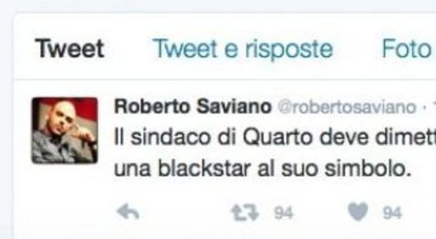 Saviano su Twitter: "Sindaco di Quarto si dimetta o blackstar in simbolo M5s"