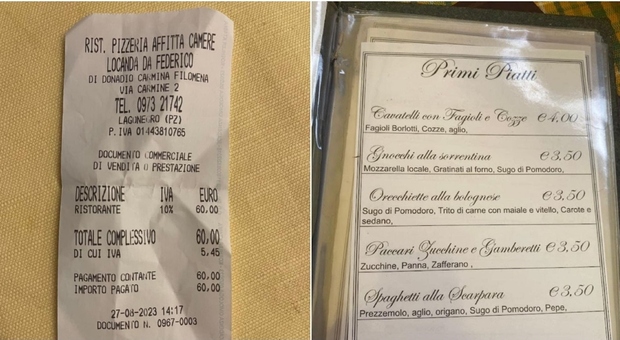 Pranzo da 60 euro in sette persone al ristorante di Lagonegro: «Abbiamo mangiato antipasto, primo e secondo»