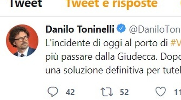 Incidente navi a Venezia, il ministro Toninelli: «Dal canale della Giudecca non devono più passare»