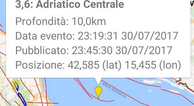 Forte scossa di terremoto nell'Adriatico centrale poco dopo le 23