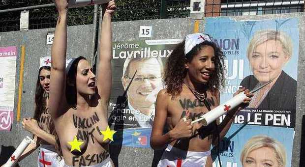 Femen "crocerossine" in topless contro Marine Le Pen: «Vaccini antifascisti»