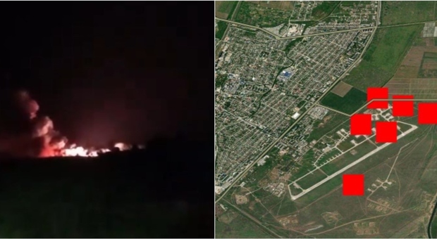 Ucraina, esplosioni e incendi in un aeroporto militare russo in Crimea. Bombe sulla regione di Sumy
