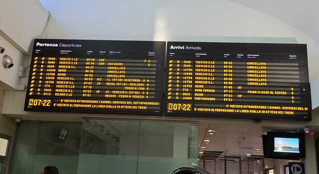 Guasto a Mogliano, caos treni sulla linea Venezia-Udine: ritardi fino a 70 minuti e corse cancellate. Centralina in tilt causa maltempo