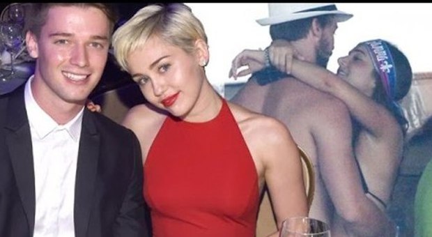 Patrick Schwarzenegger e Miley Cyrus. Sullo sfondo il ragazzo abbraccia un'altra ragazza (article.wn.com)