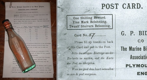 La bottiglia e la cartolina contenuta all'interno: un esemplare tra i più di mille messaggi che furono inviati nel 1908