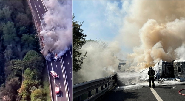 Incidente sull'A1, camion va a fuoco e si ribalta t ra San Giovanni Valdarno e Arezzo: traffico bloccato
