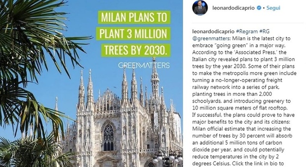 Leonardo Di Caprio, complimenti social a Milano: «Più alberi fanno bene ai cittadini». Beppe Sala lo invita in città