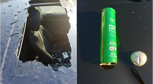 Bottiglia di shampoo esplode e distrugge il tettino di un auto