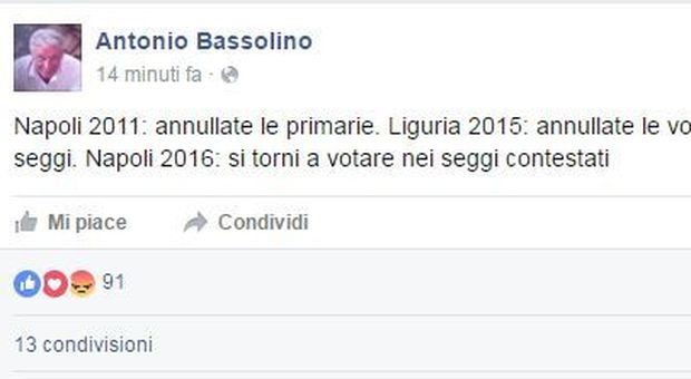 Primarie, Bassolino non molla: «Si torni a votare nei seggi contestati»
