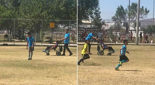 Papà realizza il sogno del figlio disabile di giocare a calcio: «L'ho reso felice, sono io le sue gambe»