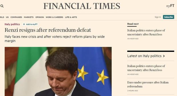 Referendum, la notizia sui siti stranieri «Renzi lascia dopo la sconfitta»