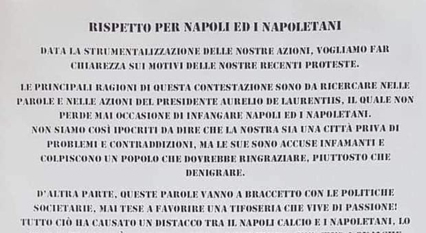 Il messaggio della Curva per ADL: «Il Napoli rappresenta una città»