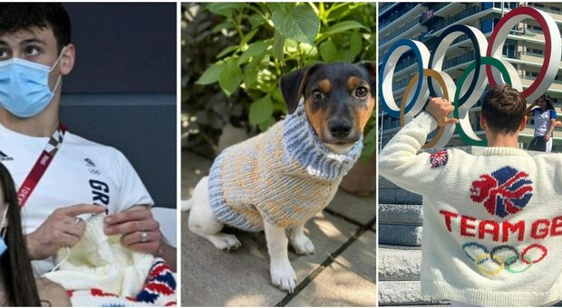 Il campione olimpico Daley mentre lavora a maglia a Tokyo 2020 (immag pubbl Ansa, immagine cane da madewithlovebytomdaley su Instagram(