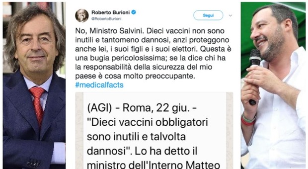 Burioni bacchetta Salvini: «Ha detto una bugia pericolosissima, i vaccini proteggono anche i suoi figli»