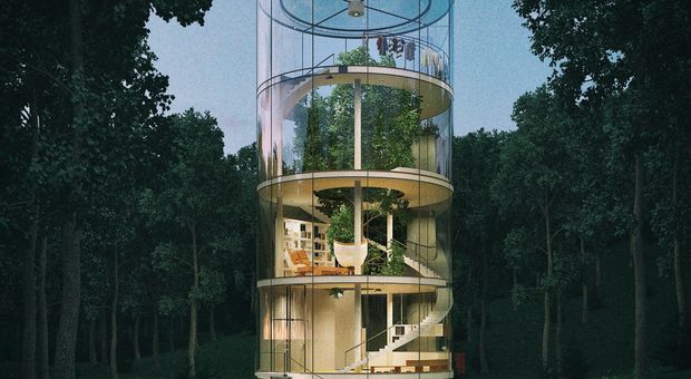 La casa di vetro con albero all'interno. Progetto futuristico nel rispetto della natura