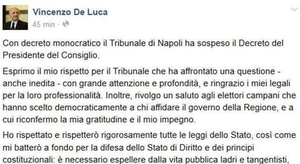 De Luca: «Ripristinata la volontà popolare, no alla "paura della firma" che paralizza l'Italia»