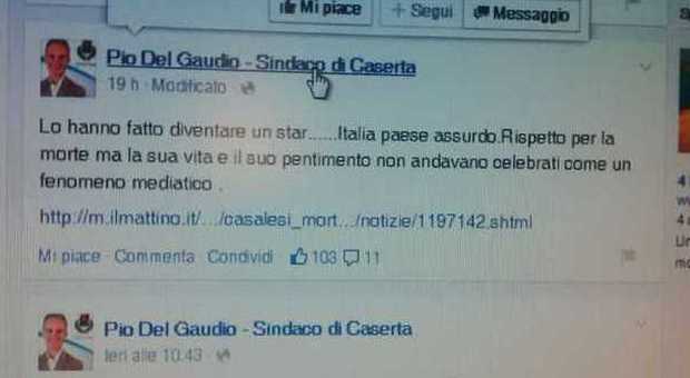 Il post apparso sul profilo Facebook del sindaco di Caserta