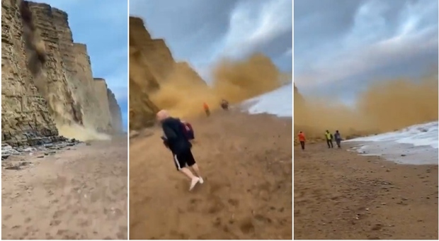 Crolla scogliera, turisti in spiaggia scappano terrorizzati: l'enorme frana ripresa in un video. «Rocce come automobili»