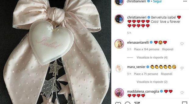 Costanza Caracciolo mamma bis, Bobo Vieri su Instagram: «Benvenuta Isabel»