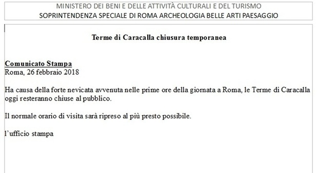 Roma, «Ha causa della forte nevicata»: chiude Caracalla ma scatta l'errore della Soprintendenza