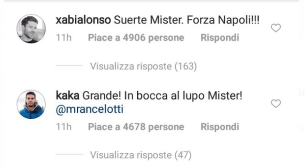 Da Xabi a Kaká, auguri ad Ancelotti: «Suerte, Mister. E Forza Napoli!»