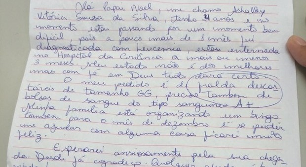 Brasile, bambina affetta da leucemia scrive la letterina a Babbo Natale "Portami sacche di sangue e pannolini"