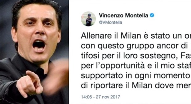Montella saluta su Twitter: "Allenare il Milan un onore, auguro a Rino di riportarlo dove merita"