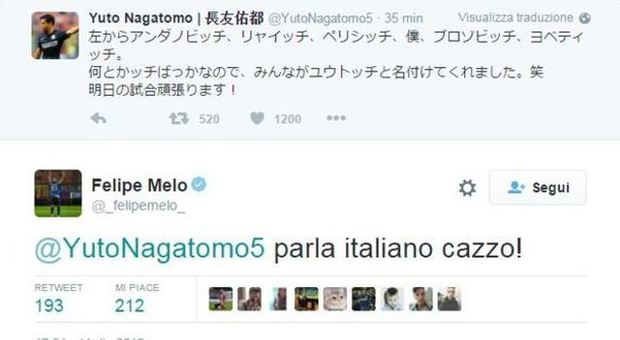 Inter, Nagatomo twitta in giapponese e Felipe Melo risponde così