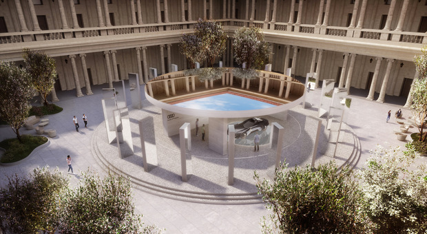 Un rendering di piazza del Quadrilatero a Milano coninstallazione The Domino Act