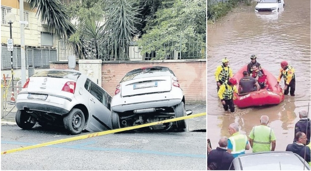 Bomba d'acqua su Roma, città in tilt: auto dentro la voragine e bambini salvati sui gommoni