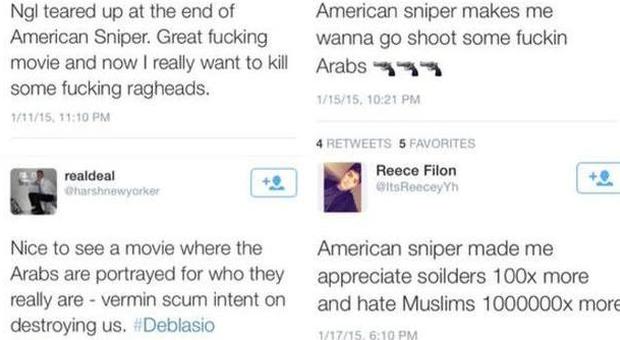 Alcuni dei tweet che incitano all'odio dopo la visione di American Sniper