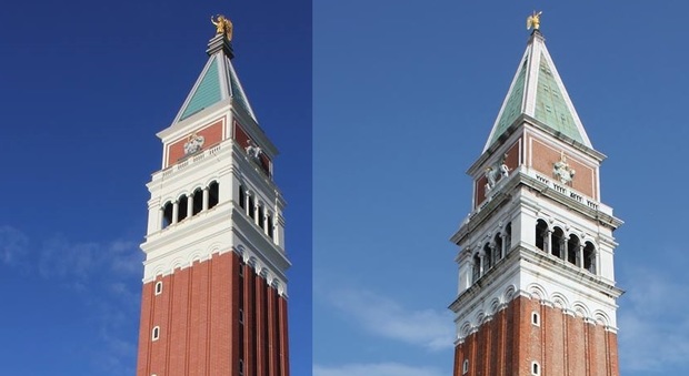Il campanile riprodotto (a sinistra) in una foto diffusa dalla Regione Veneto. A destra il campanile originale