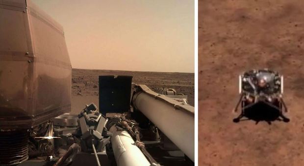 Una foto realizzata con la camera sul braccio robotico di Insight e la sonda su Marte in una ricostruzione artistica