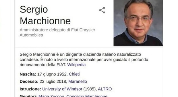 Google scrive: «Marchionne morto il 23 luglio a Maranello». Ma è un errore e si scusa