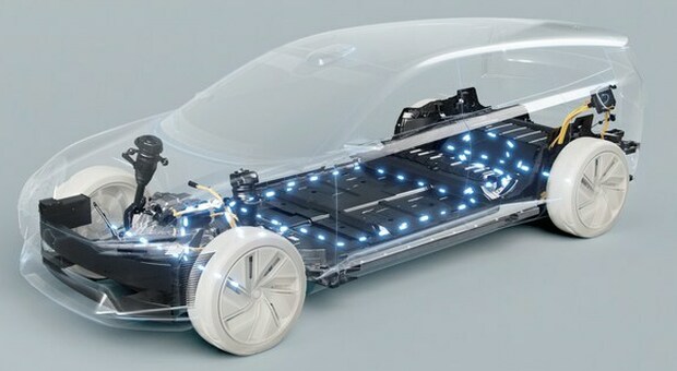 Il rendering di un modello elettrico Volvo che evidenzia il pianale occupato dalle batterie